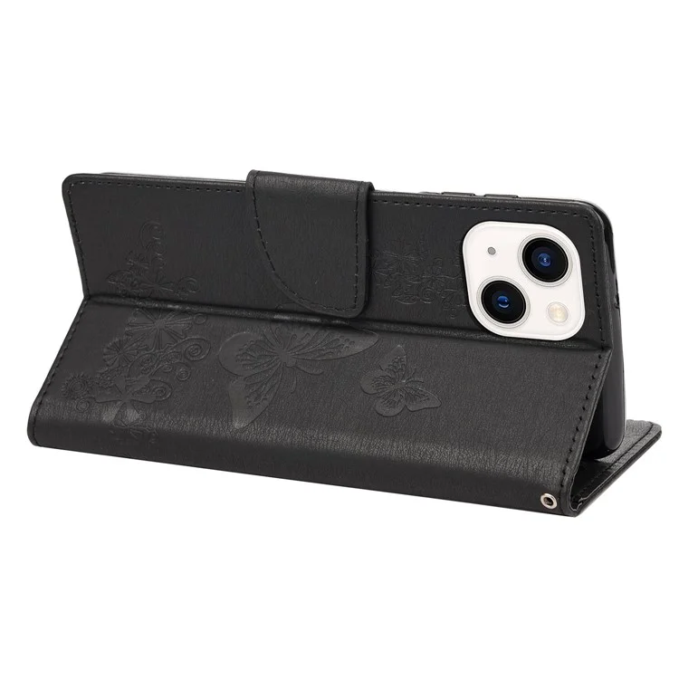 Pour Iphone 14 Max de 6,7 Pouces à Poussière Téléphone PU le Cuir Big Papillons Motif de Fleur de Motif de Fleur - le Noir