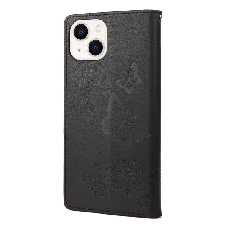 Pour Iphone 14 Max de 6,7 Pouces à Poussière Téléphone PU le Cuir Big Papillons Motif de Fleur de Motif de Fleur - le Noir