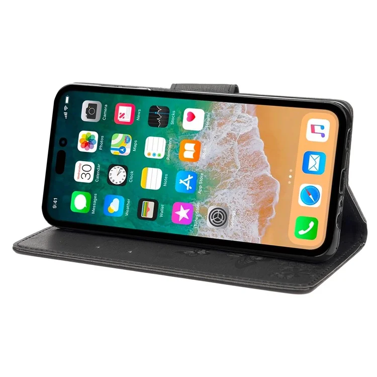 For iPhone 14 Pro Max 6.7 inch Supporting Stand PU Leather Imprinting Big Butterflies Flower Pattern Phone Cover Wallet Phone Case with Strap - Black