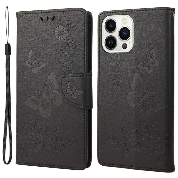 Cell Phone Case Bag for iPhone 14 Pro 6.1 inch, Big Butterflies Flower Pattern Imprinting Stand Wallet Flip Magnetic Phone Cover - Black