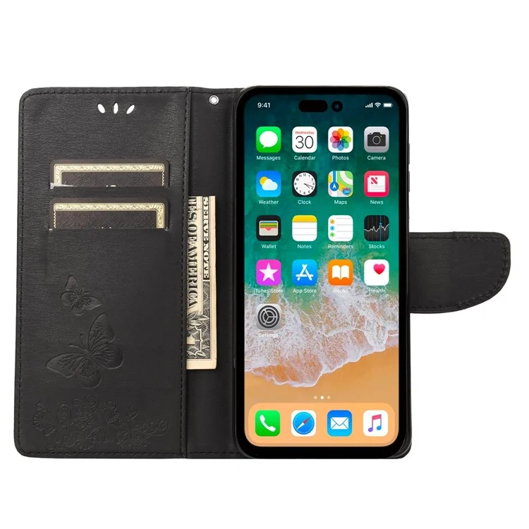 Cell Phone Case Bag for iPhone 14 Pro 6.1 inch, Big Butterflies Flower Pattern Imprinting Stand Wallet Flip Magnetic Phone Cover - Black