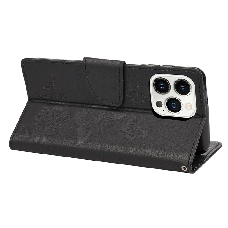 Cell Phone Case Bag for iPhone 14 Pro 6.1 inch, Big Butterflies Flower Pattern Imprinting Stand Wallet Flip Magnetic Phone Cover - Black