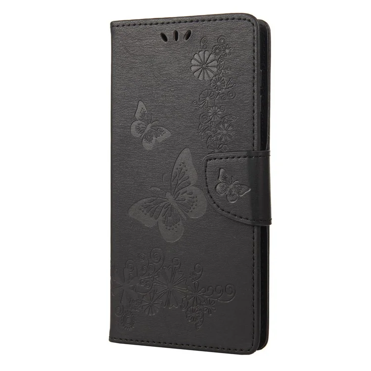 Cell Phone Case Bag for iPhone 14 Pro 6.1 inch, Big Butterflies Flower Pattern Imprinting Stand Wallet Flip Magnetic Phone Cover - Black