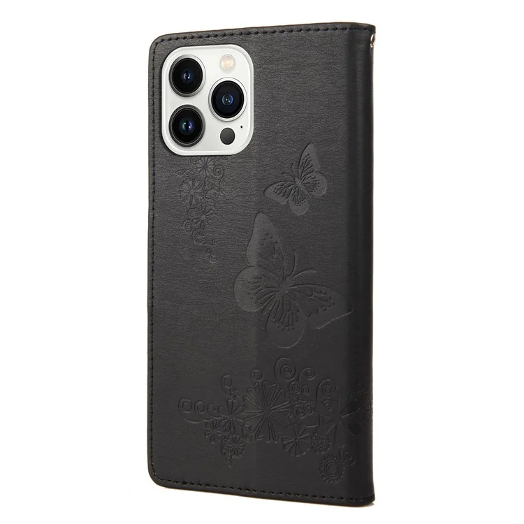 Cell Phone Case Bag for iPhone 14 Pro 6.1 inch, Big Butterflies Flower Pattern Imprinting Stand Wallet Flip Magnetic Phone Cover - Black