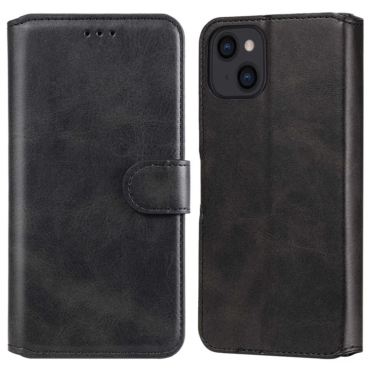 Per iPhone 14 6.1 pollici Calf Texture PU Leather Phone Cover Magnetic Shockproof Stand Wallet Style Case - Nero