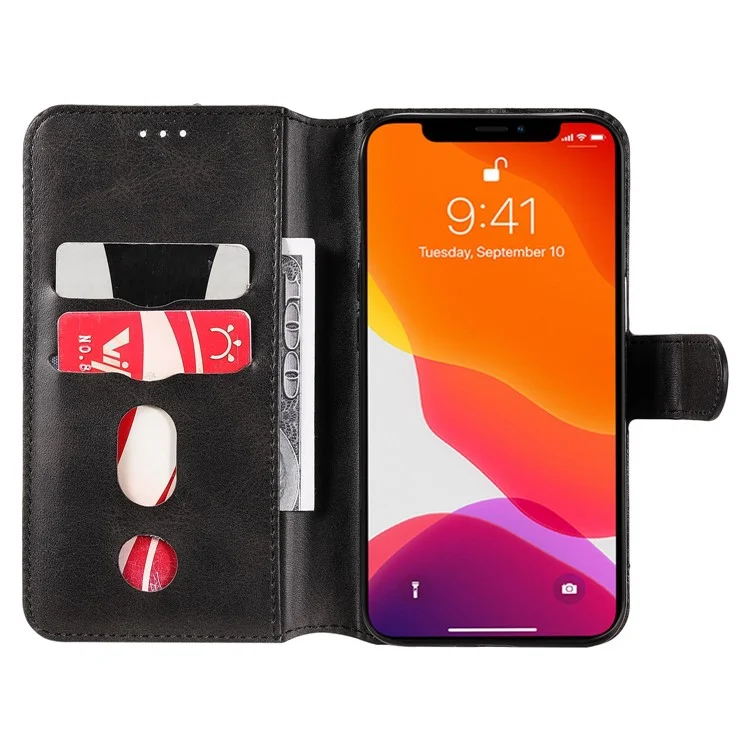 Per iPhone 14 6.1 pollici Calf Texture PU Leather Phone Cover Magnetic Shockproof Stand Wallet Style Case - Nero