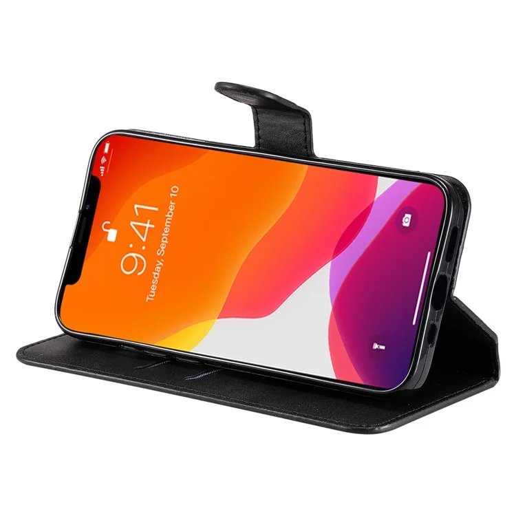 Per iPhone 14 6.1 pollici Calf Texture PU Leather Phone Cover Magnetic Shockproof Stand Wallet Style Case - Nero