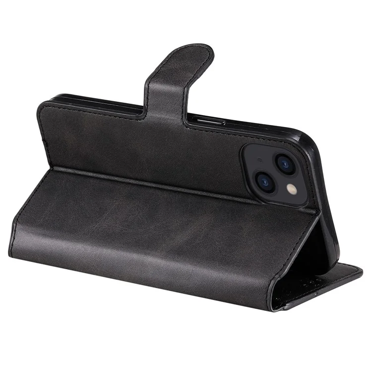 Per iPhone 14 6.1 pollici Calf Texture PU Leather Phone Cover Magnetic Shockproof Stand Wallet Style Case - Nero