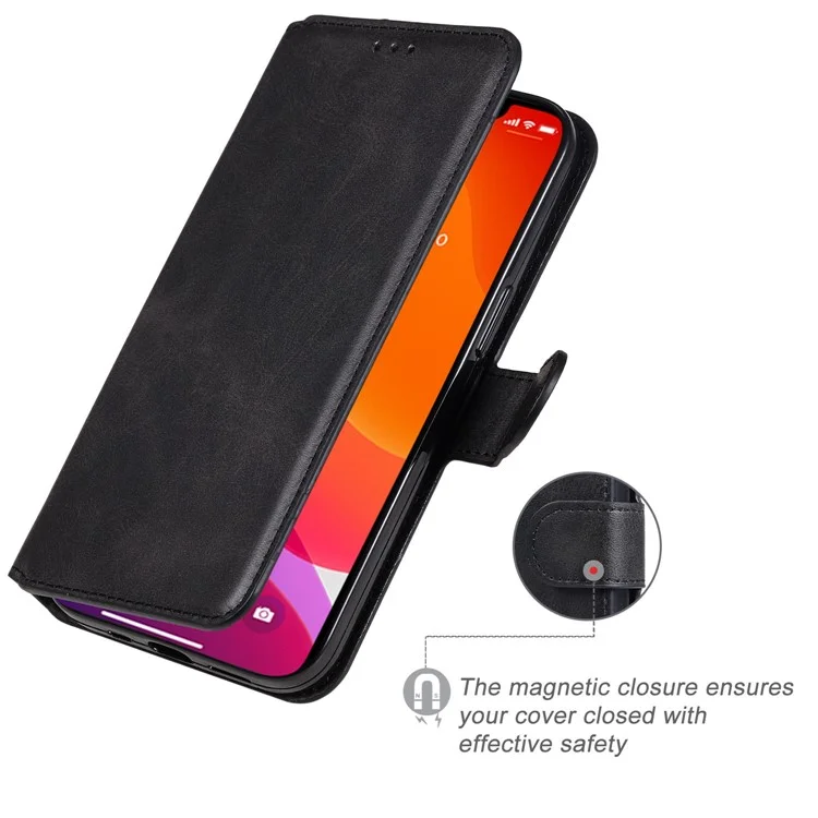 Per iPhone 14 6.1 pollici Calf Texture PU Leather Phone Cover Magnetic Shockproof Stand Wallet Style Case - Nero