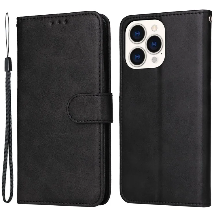 Pour iPhone 14 Pro Max 6,7 pouces Calf Texture PU Leather Phone Full Protection Cover Magnetic Clasp Flip Stand Wallet Case - Noir