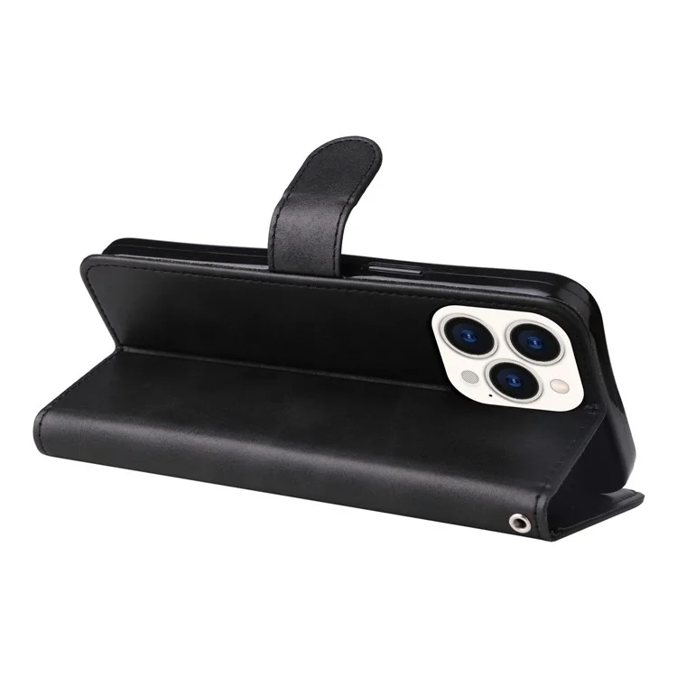 Pour iPhone 14 Pro Max 6,7 pouces Calf Texture PU Leather Phone Full Protection Cover Magnetic Clasp Flip Stand Wallet Case - Noir