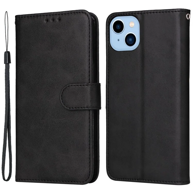 For iPhone 14 Plus Calf Texture PU Leather Magnetic Clasp Phone Stand Wallet Cover Drop-proof Case - Black