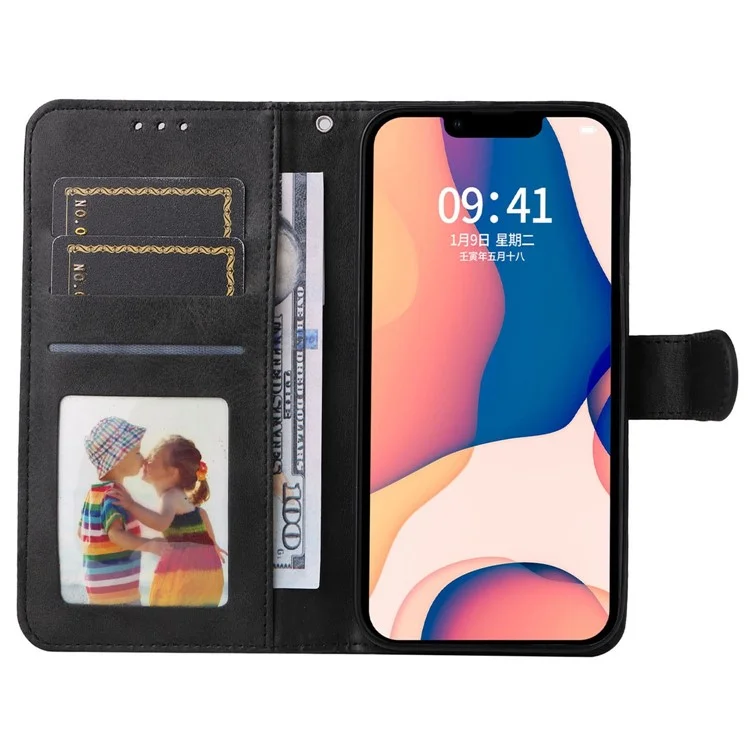 For iPhone 14 Plus Calf Texture PU Leather Magnetic Clasp Phone Stand Wallet Cover Drop-proof Case - Black