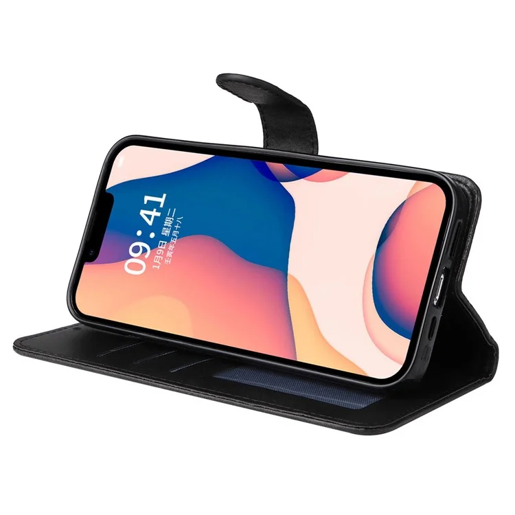 For iPhone 14 Plus Calf Texture PU Leather Magnetic Clasp Phone Stand Wallet Cover Drop-proof Case - Black