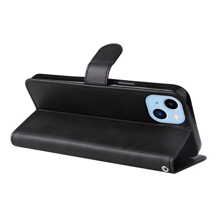 For iPhone 14 Plus Calf Texture PU Leather Magnetic Clasp Phone Stand Wallet Cover Drop-proof Case - Black