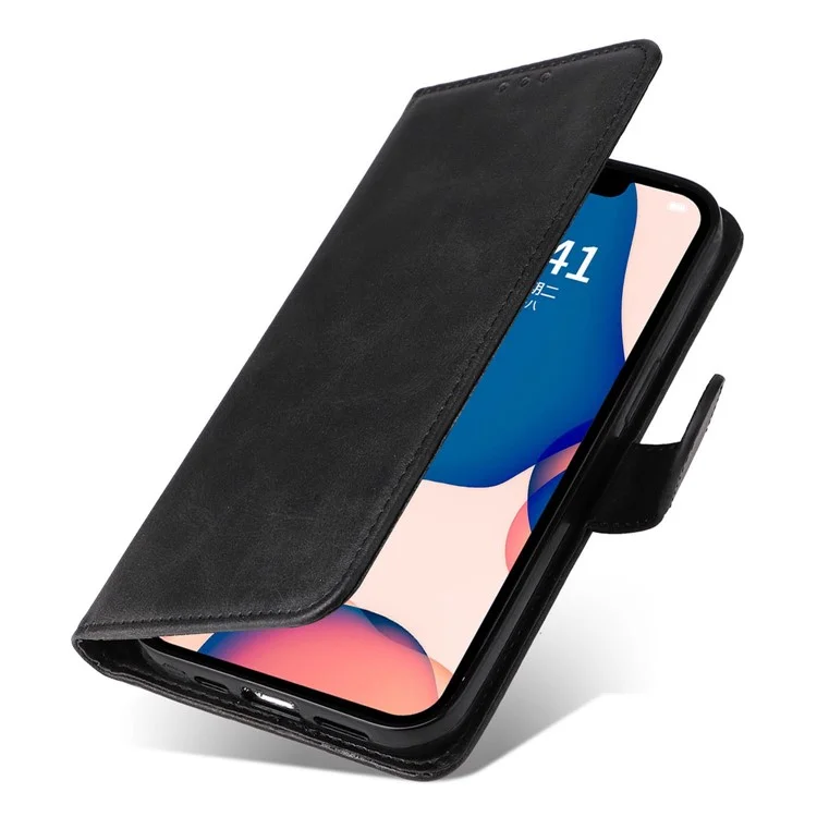 For iPhone 14 Plus Calf Texture PU Leather Magnetic Clasp Phone Stand Wallet Cover Drop-proof Case - Black