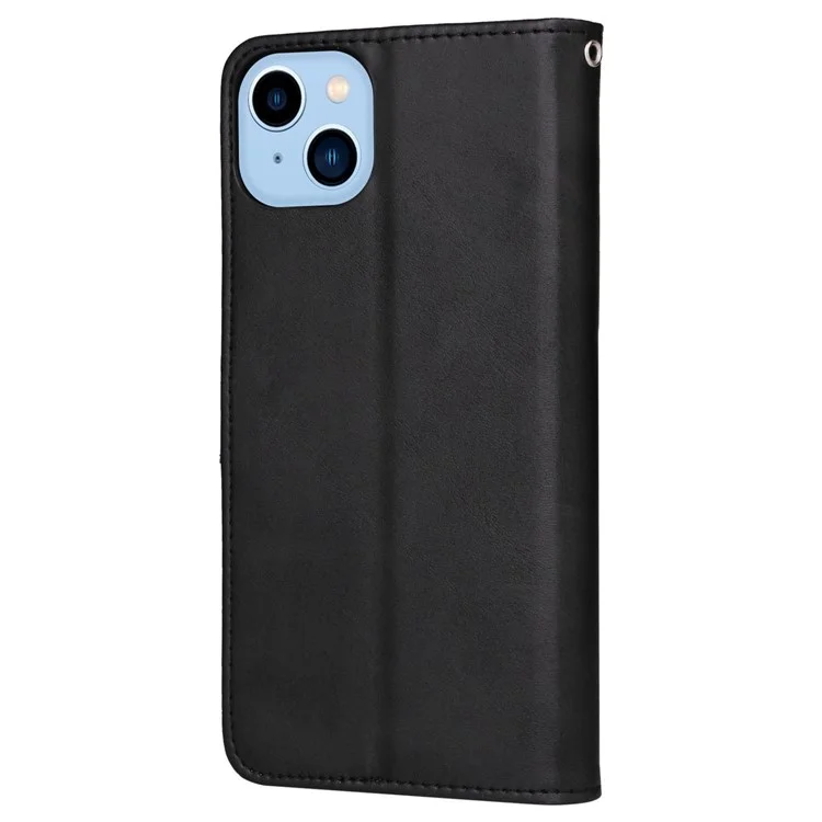 For iPhone 14 Plus Calf Texture PU Leather Magnetic Clasp Phone Stand Wallet Cover Drop-proof Case - Black