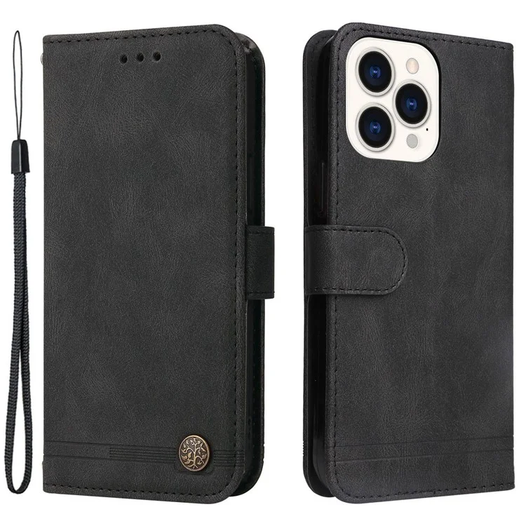 Para Iphone 14 Pro Max 6.7 Pulgadas Patrón de Árbol Decoración de Hardware Líneas de Caja a Prueba de Gotas PU Touch de Cuero PU Cubierta de Soporte Con Correa - Negro