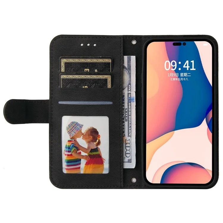 Para Iphone 14 Pro Max 6.7 Pulgadas Patrón de Árbol Decoración de Hardware Líneas de Caja a Prueba de Gotas PU Touch de Cuero PU Cubierta de Soporte Con Correa - Negro