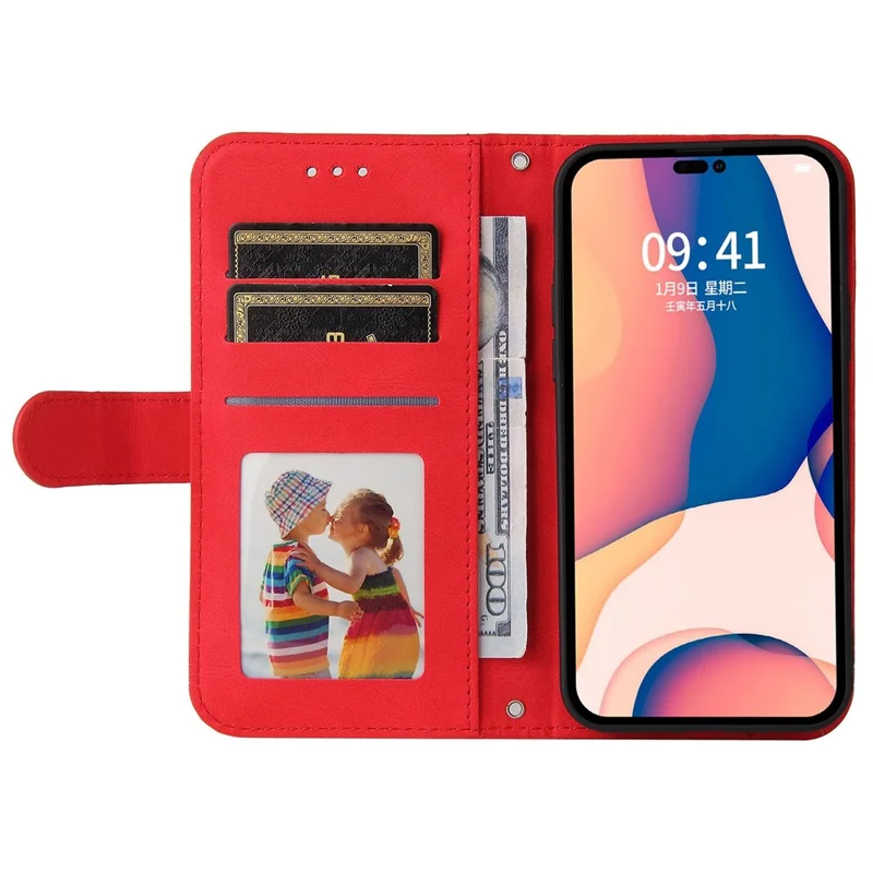 For iPhone 14 Pro Max Leather Wallet Cases Skin Touch Phone Cover Stand with Strap - Red