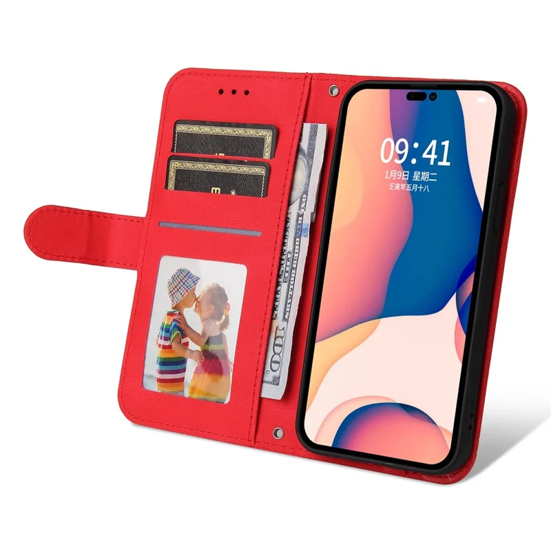 For iPhone 14 Pro Max Leather Wallet Cases Skin Touch Phone Cover Stand with Strap - Red