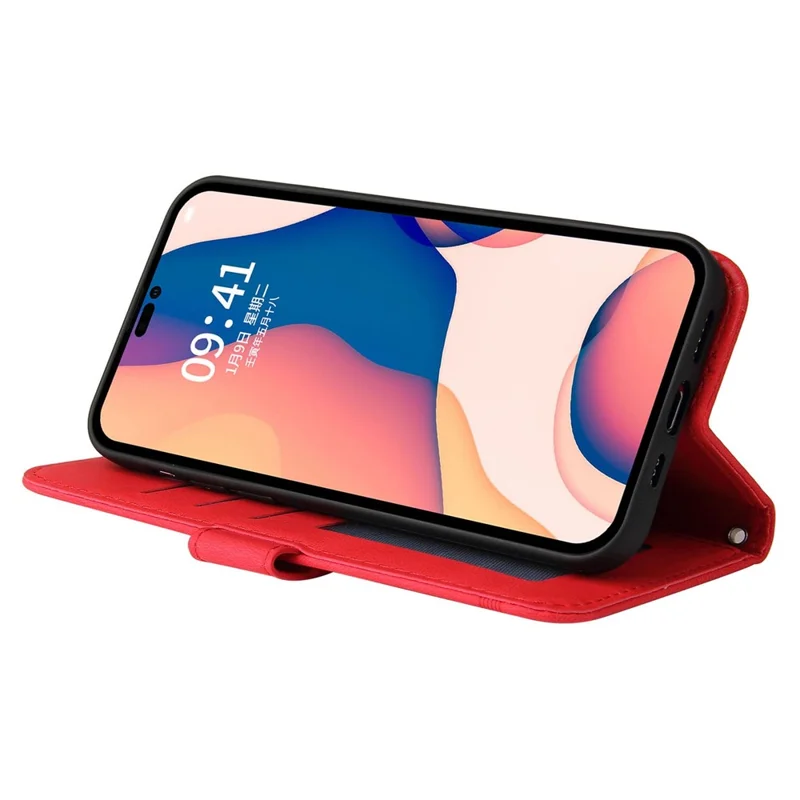 For iPhone 14 Pro Max Leather Wallet Cases Skin Touch Phone Cover Stand with Strap - Red
