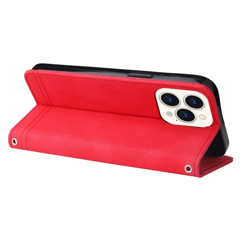 For iPhone 14 Pro Max Leather Wallet Cases Skin Touch Phone Cover Stand with Strap - Red