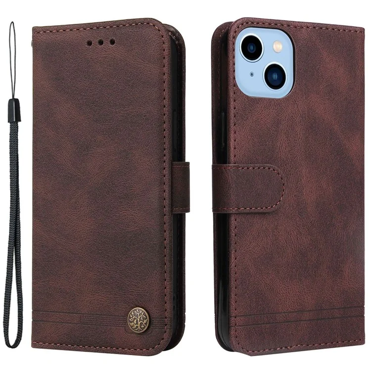 Para Iphone 14 Max 6.7 Pulgadas Patrón de Árbol Decoración de Hardware PU Pulo Teléfono de la Billetera Líneas de Caja de la Billetera Impresa Con Correa - Marrón