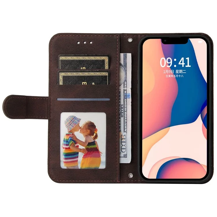 Para Iphone 14 Max 6.7 Pulgadas Patrón de Árbol Decoración de Hardware PU Pulo Teléfono de la Billetera Líneas de Caja de la Billetera Impresa Con Correa - Marrón