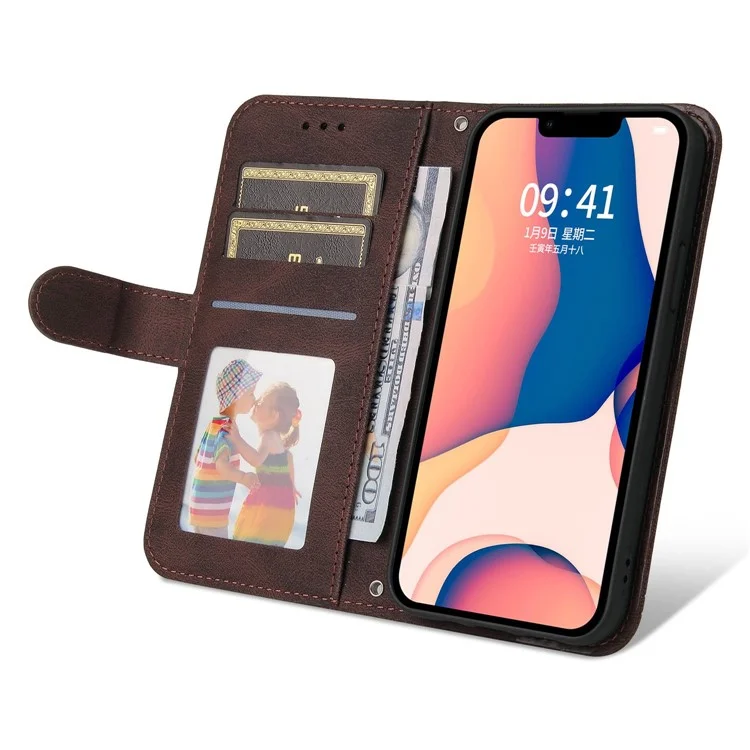 Para Iphone 14 Max 6.7 Pulgadas Patrón de Árbol Decoración de Hardware PU Pulo Teléfono de la Billetera Líneas de Caja de la Billetera Impresa Con Correa - Marrón