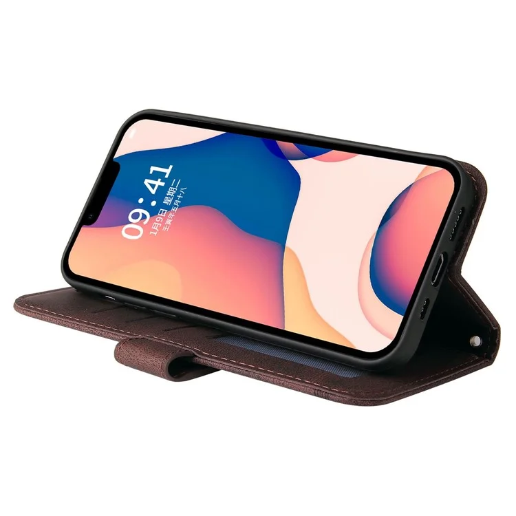 Para Iphone 14 Max 6.7 Pulgadas Patrón de Árbol Decoración de Hardware PU Pulo Teléfono de la Billetera Líneas de Caja de la Billetera Impresa Con Correa - Marrón