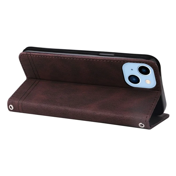 Para Iphone 14 Max 6.7 Pulgadas Patrón de Árbol Decoración de Hardware PU Pulo Teléfono de la Billetera Líneas de Caja de la Billetera Impresa Con Correa - Marrón
