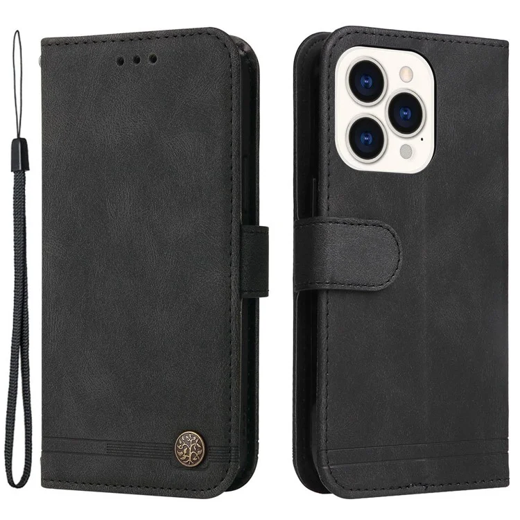 For iPhone 14 Pro Leather Wallet Cases Skin Touch Phone Cover Stand with Strap - Black