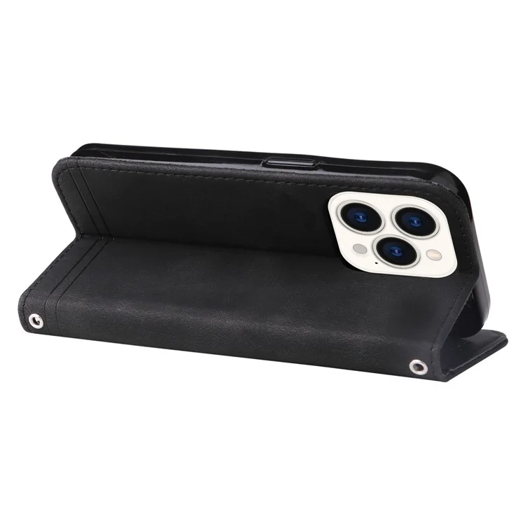 For iPhone 14 Pro Leather Wallet Cases Skin Touch Phone Cover Stand with Strap - Black
