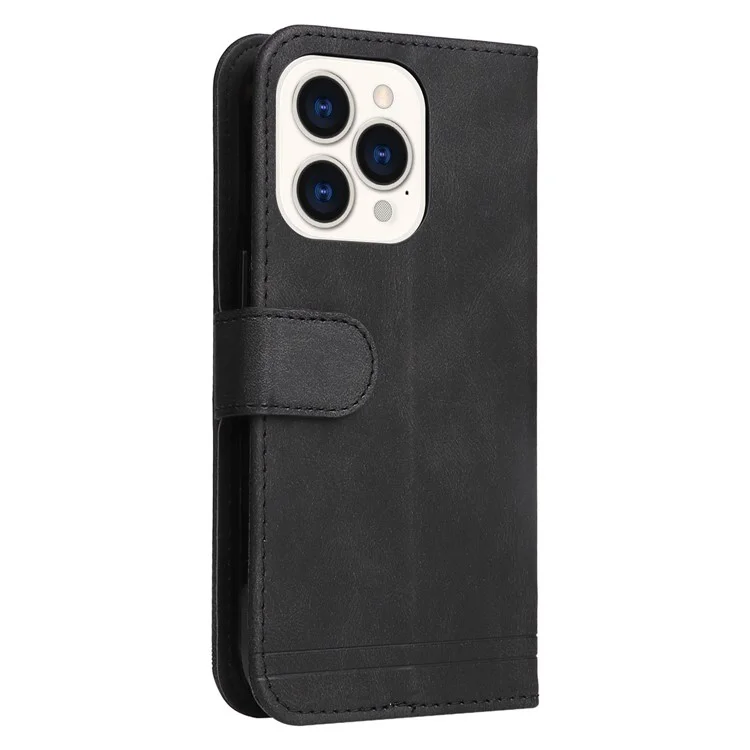 For iPhone 14 Pro Leather Wallet Cases Skin Touch Phone Cover Stand with Strap - Black