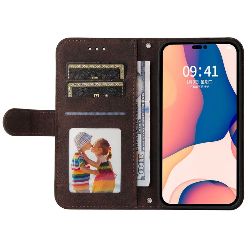 For iPhone 14 Pro Leather Wallet Cases Skin Touch Phone Cover Stand with Strap - Brown