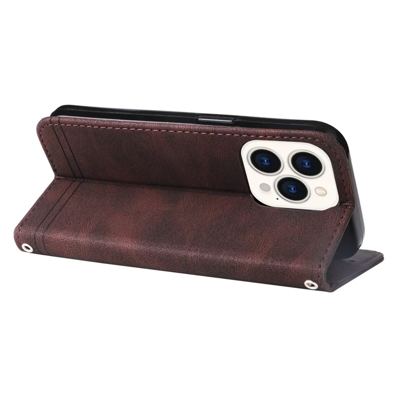 For iPhone 14 Pro Leather Wallet Cases Skin Touch Phone Cover Stand with Strap - Brown