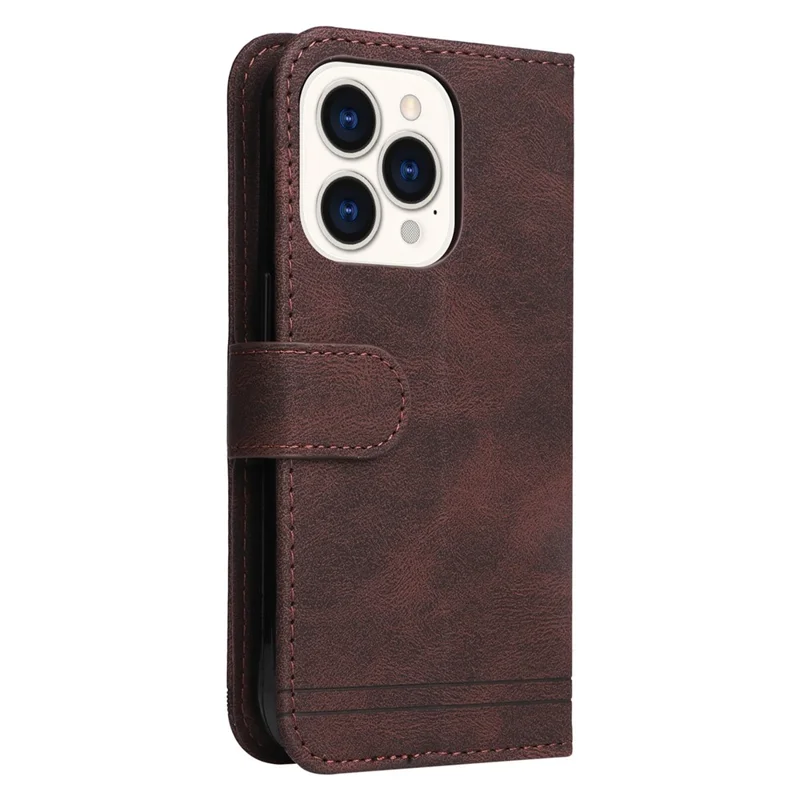 For iPhone 14 Pro Leather Wallet Cases Skin Touch Phone Cover Stand with Strap - Brown