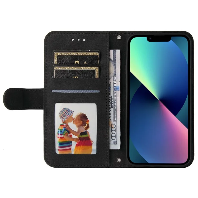 For iPhone 14 Leather Wallet Cases Skin Touch Phone Cover Stand with Strap - Black