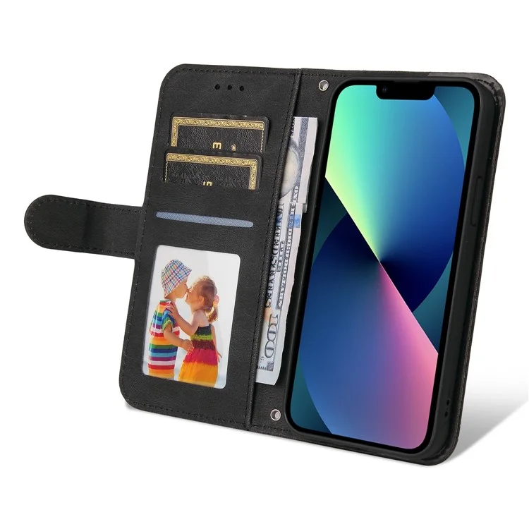 For iPhone 14 Leather Wallet Cases Skin Touch Phone Cover Stand with Strap - Black