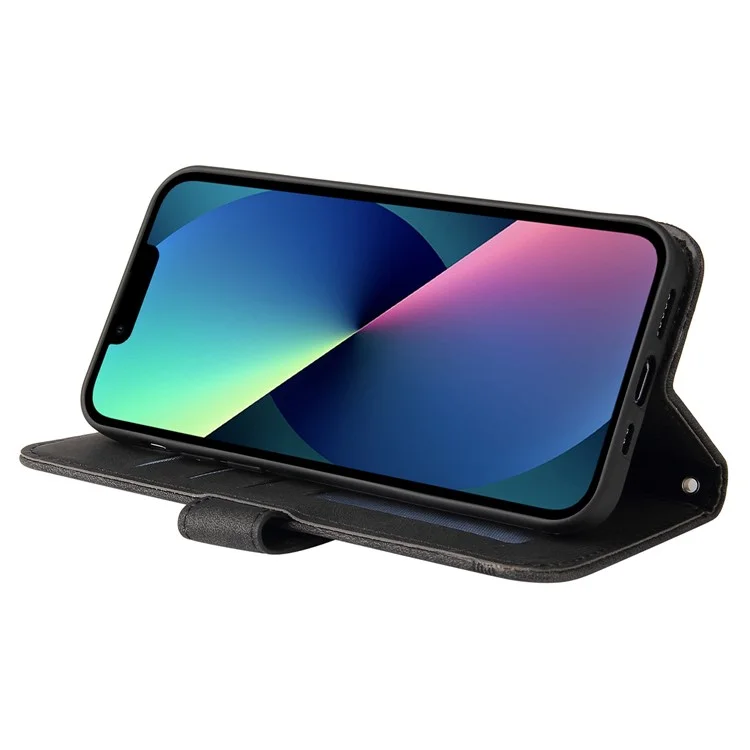 For iPhone 14 Leather Wallet Cases Skin Touch Phone Cover Stand with Strap - Black