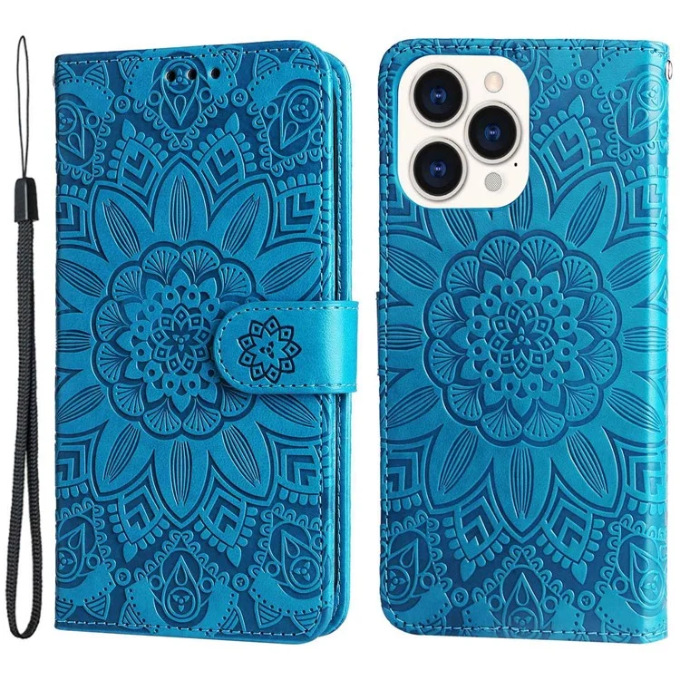 Para Iphone 14 Pro Max 6.7 Pulgadas PU Leather Sunflower Impresión Case de Protección Flip Stand Cover Con Correa - Azul