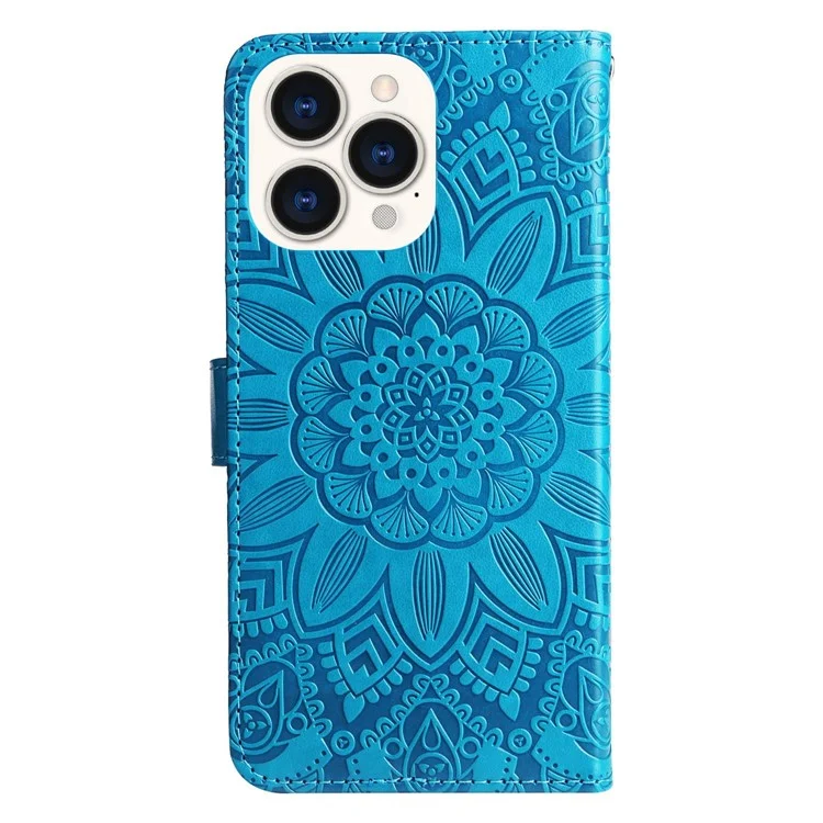 Para Iphone 14 Pro Max 6.7 Pulgadas PU Leather Sunflower Impresión Case de Protección Flip Stand Cover Con Correa - Azul