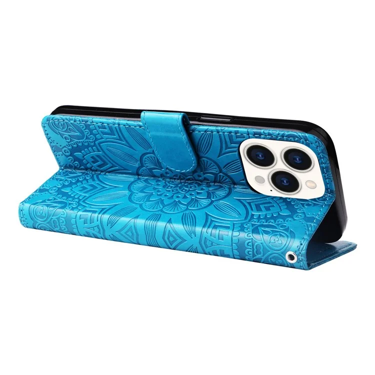 Para Iphone 14 Pro Max 6.7 Pulgadas PU Leather Sunflower Impresión Case de Protección Flip Stand Cover Con Correa - Azul