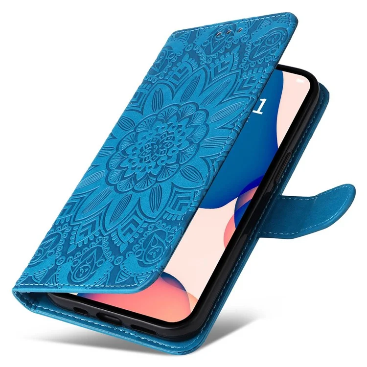 Para Iphone 14 Pro Max 6.7 Pulgadas PU Leather Sunflower Impresión Case de Protección Flip Stand Cover Con Correa - Azul