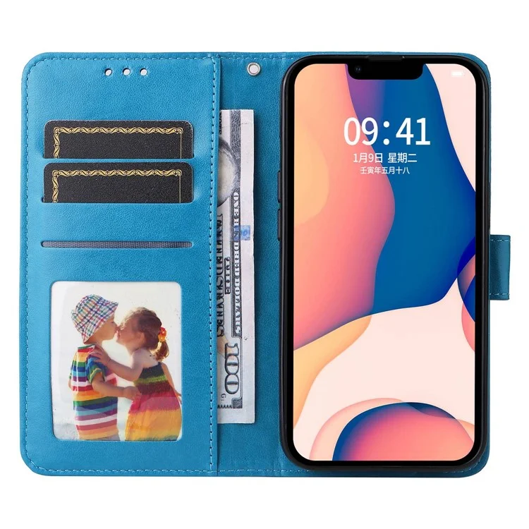 For iPhone 14 Plus Sunflower Imprinting Magnetic Clasp Case PU Leather Phone Stand Wallet Protective Cover with Strap - Blue