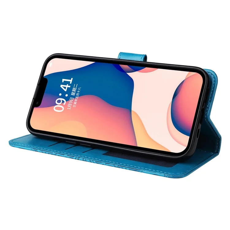 For iPhone 14 Plus Sunflower Imprinting Magnetic Clasp Case PU Leather Phone Stand Wallet Protective Cover with Strap - Blue