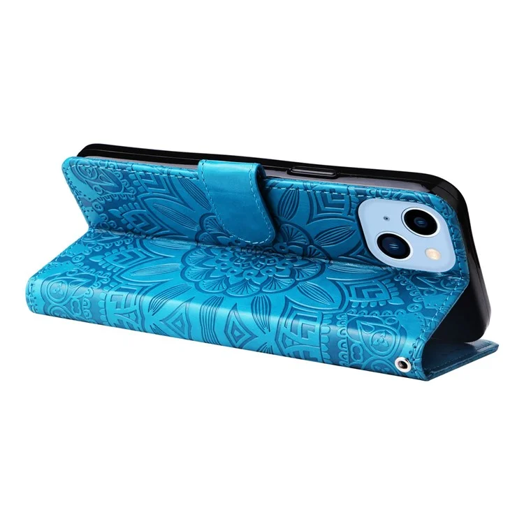 For iPhone 14 Plus Sunflower Imprinting Magnetic Clasp Case PU Leather Phone Stand Wallet Protective Cover with Strap - Blue