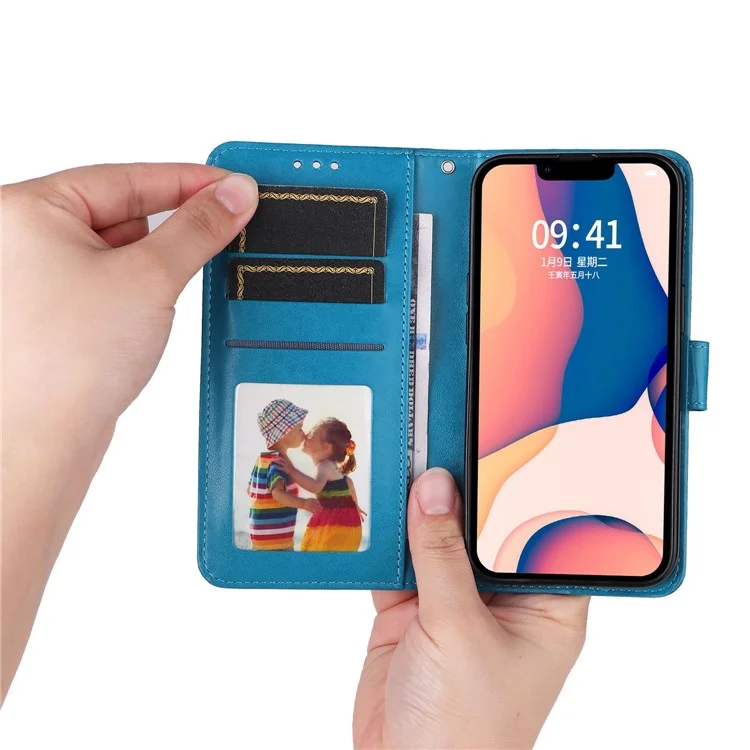 For iPhone 14 Plus Sunflower Imprinting Magnetic Clasp Case PU Leather Phone Stand Wallet Protective Cover with Strap - Blue