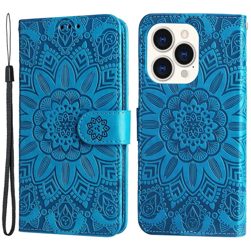 For iPhone 14 Pro 6.1 inch Sunflower Imprinting PU Leather Phone Drop-proof Case Flip Stand Wallet Cover with Strap - Blue